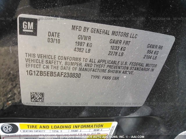 1G1ZB5EB5AF230830 - 2010 CHEVROLET MALIBU LS 黑色 照片 9