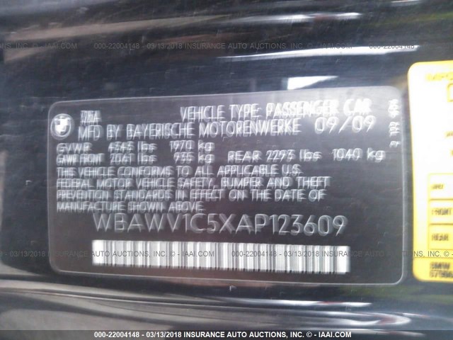 WBAWV1C5XAP123609 - 2010 BMW 328 I SULEV BLACK photo 9