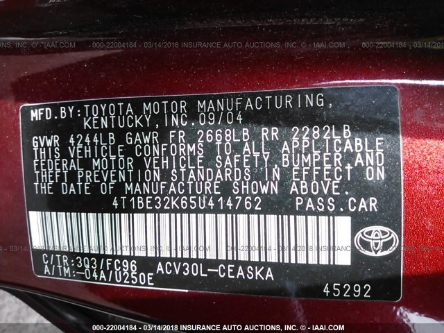 4T1BE32K65U414762 - 2005 TOYOTA CAMRY LE/XLE/SE 红色 照片 9