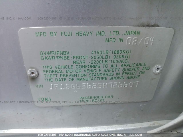 JF1SG65625H726607 - 2005 SUBARU FORESTER 2.5XS ვერცხლისფერი ფოტო 9