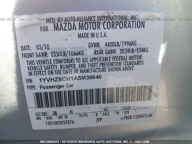 1YVHZ8CH1A5M38646 - 2010 MAZDA 6 I SILVER photo 9