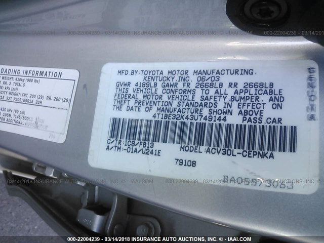4T1BE32K43U749144 - 2003 TOYOTA CAMRY LE/XLE/SE ვერცხლისფერი ფოტო 9