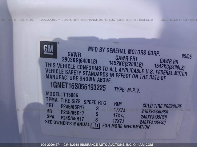 1GNET16S056193225 - 2005 CHEVROLET TRAILBLAZER EXT LS/EXT LT WHITE photo 9