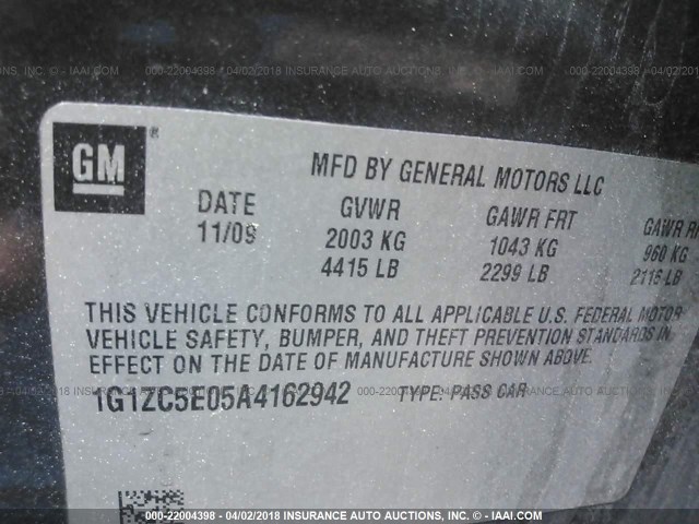 1G1ZC5E05A4162942 - 2010 CHEVROLET MALIBU 1LT 灰色 照片 9