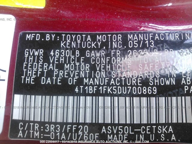 4T1BF1FK5DU700869 - 2013 TOYOTA CAMRY L/SE/LE/XLE 红色 照片 9