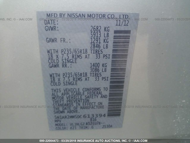 5N1AR2MM5DC613394 - 2013 NISSAN PATHFINDER S/SV/SL/PLATINUM 银色 照片 9