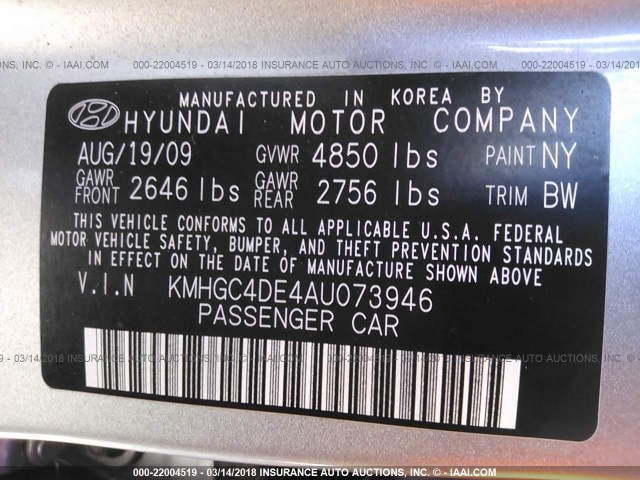 KMHGC4DE4AU073946 - 2010 HYUNDAI GENESIS 3.8L SILVER photo 9