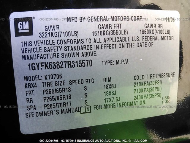 1GYFK63827R315570 - 2007 CADILLAC ESCALADE LUXURY 黑色 照片 9