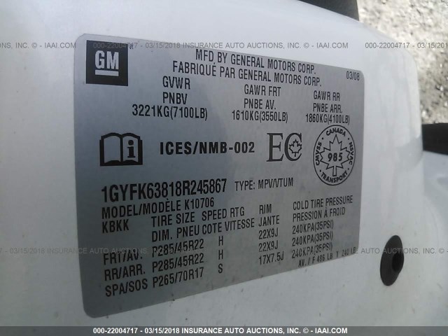 1GYFK63818R245867 - 2008 CADILLAC ESCALADE LUXURY თეთრი ფოტო 9