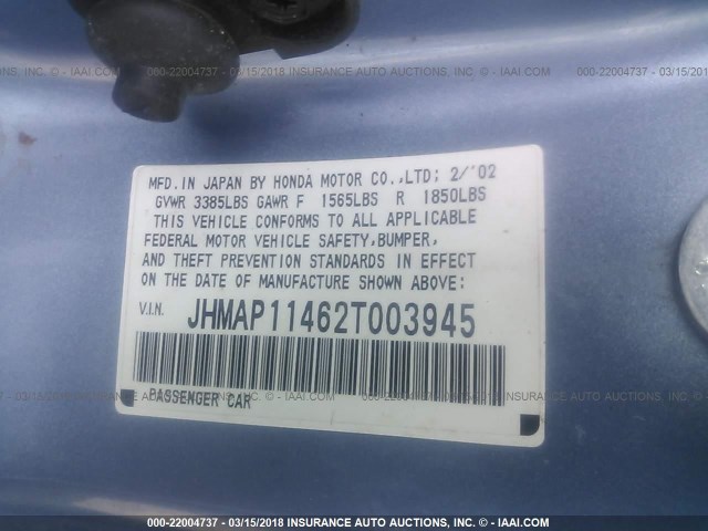 JHMAP11462T003945 - 2002 HONDA S2000 BLUE photo 9