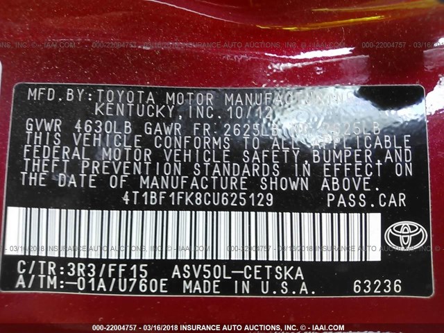 4T1BF1FK8CU625129 - 2012 TOYOTA CAMRY SE/LE/XLE 红色 照片 9
