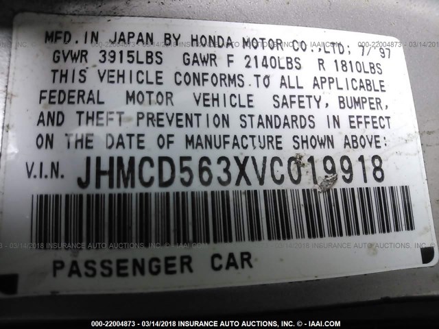 JHMCD563XVC019918 - 1997 HONDA ACCORD LX/EX SILVER photo 9