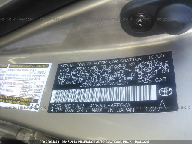 JTDBE32K740264235 - 2004 TOYOTA CAMRY LE/XLE BEIGE photo 9