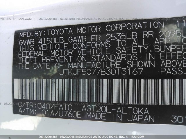 JTKJF5C77B3013167 - 2011 TOYOTA SCION TC 白色 照片 9