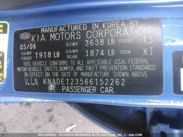 KNADE123566152262 - 2006 KIA RIO BLUE photo 9