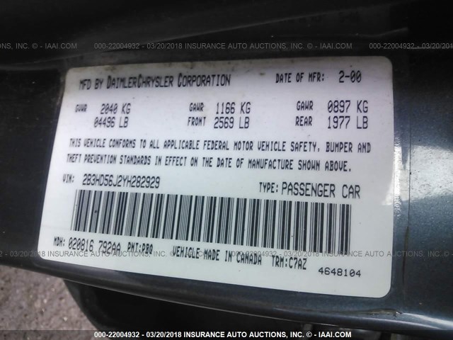 2B3HD56J2YH282929 - 2000 DODGE INTREPID ES BLUE photo 9