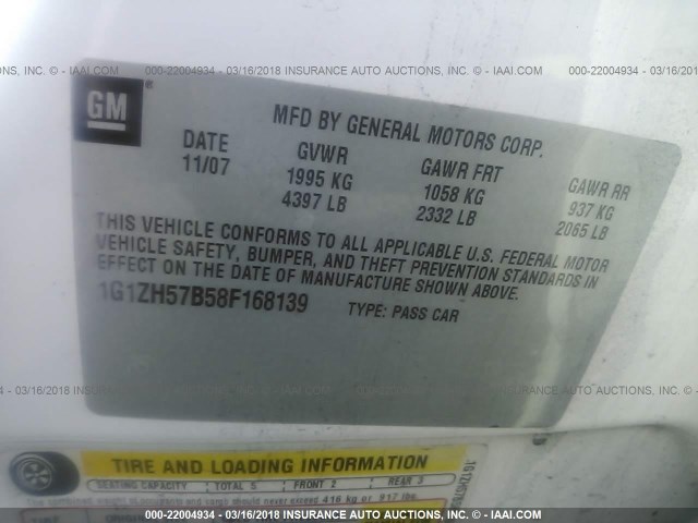 1G1ZH57B58F168139 - 2008 CHEVROLET MALIBU 1LT 白色 照片 9