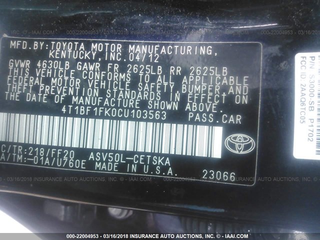 4T1BF1FK0CU103563 - 2012 TOYOTA CAMRY SE/LE/XLE BLACK photo 9