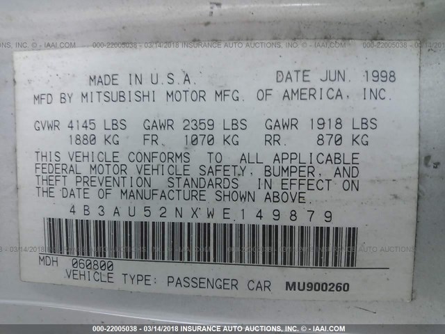 4B3AU52NXWE149879 - 1998 DODGE AVENGER ES SILVER photo 9