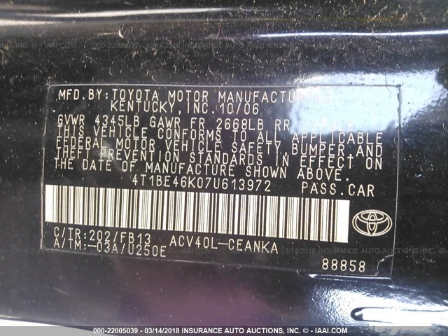 4T1BE46K07U613972 - 2007 TOYOTA CAMRY NEW GENERAT CE/LE/XLE/SE BLACK photo 9