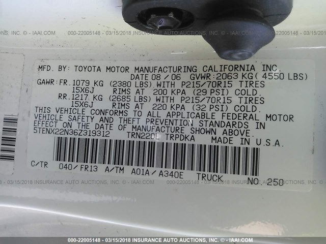 5TENX22N36Z319312 - 2006 TOYOTA TACOMA WHITE photo 9