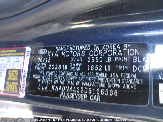 KNADN4A32D6136536 - 2013 KIA RIO EX/SX BLUE photo 9