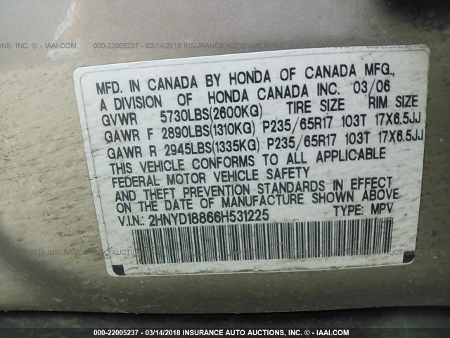 2HNYD18866H531225 - 2006 ACURA MDX TOURING GOLD photo 9