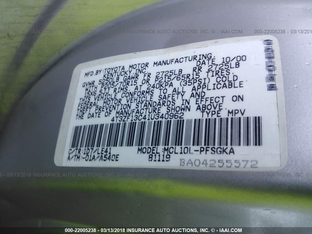 4T3ZF13C41U340962 - 2001 TOYOTA SIENNA LE/XLE TAN photo 9