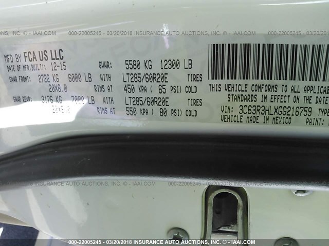 3C63R3HLXGG216759 - 2016 RAM 3500 SLT WHITE photo 10