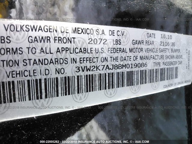 3VW2K7AJ8BM019086 - 2011 VOLKSWAGEN JETTA S 黑色 照片 9