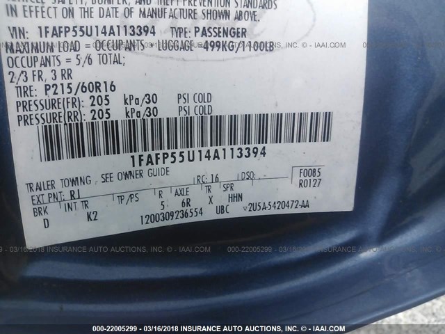 1FAFP55U14A113394 - 2004 FORD TAURUS SES BLUE photo 9