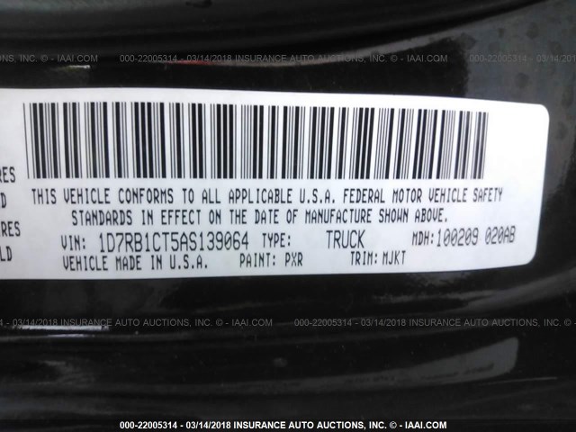 1D7RB1CT5AS139064 - 2010 DODGE RAM 1500 BLACK photo 9