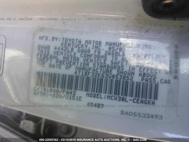 4T1BF32K63U053852 - 2003 TOYOTA CAMRY LE/XLE/SE WHITE photo 9