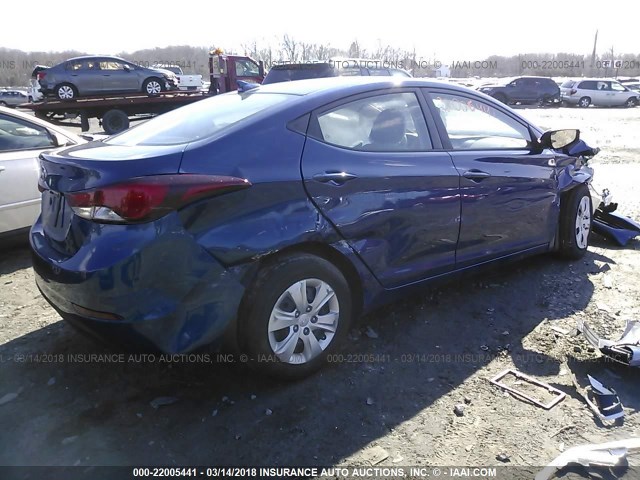 5NPDH4AE9GH795834 - 2016 HYUNDAI ELANTRA SE/SPORT/LIMITED BLUE photo 4