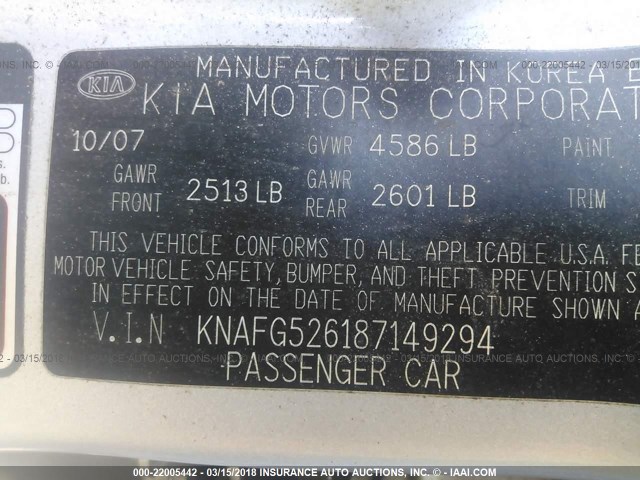 KNAFG526187149294 - 2008 KIA RONDO LX/EX SILVER photo 9