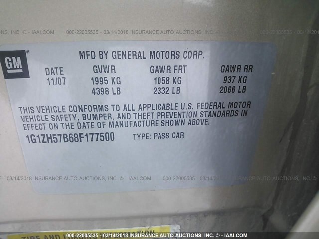 1G1ZH57B68F177500 - 2008 CHEVROLET MALIBU 1LT GOLD photo 9