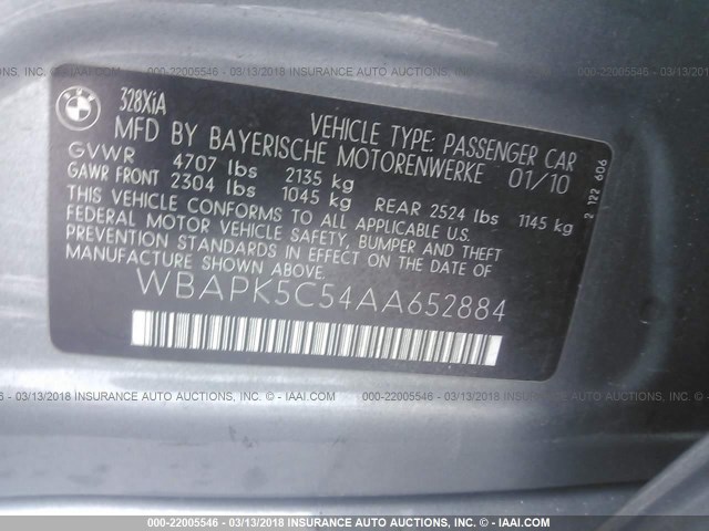 WBAPK5C54AA652884 - 2010 BMW 328 XI SULEV GRAY photo 9