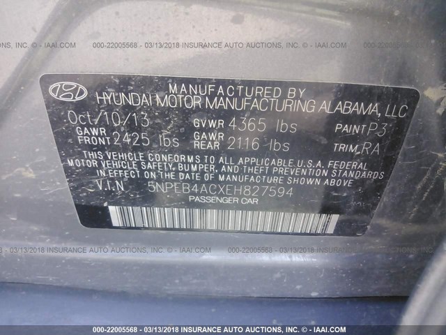 5NPEB4ACXEH827594 - 2014 HYUNDAI SONATA GLS GRAY photo 9