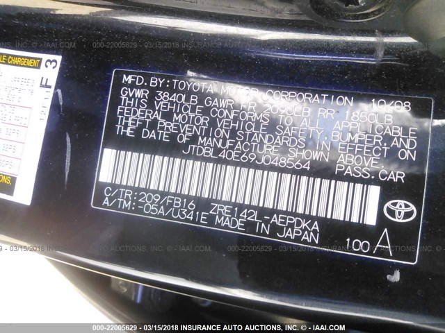 JTDBL40E69J048564 - 2009 TOYOTA COROLLA LE/XLE BLACK photo 9