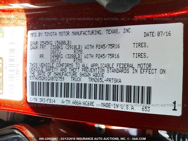 5TFAX5GN1GX072759 - 2016 TOYOTA Tacoma DOUBLE CAB/SR/SR5 RED photo 9