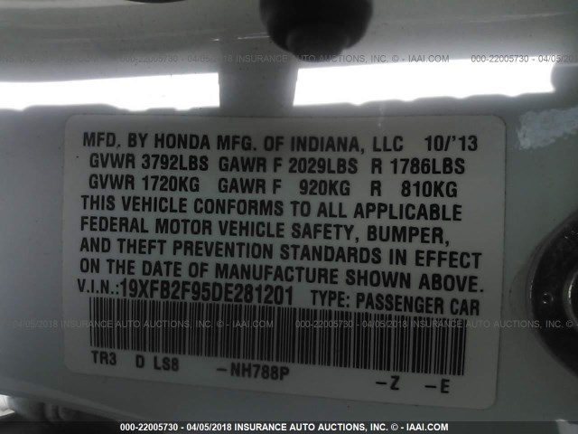 19XFB2F95DE281201 - 2013 HONDA CIVIC EXL თეთრი ფოტო 9