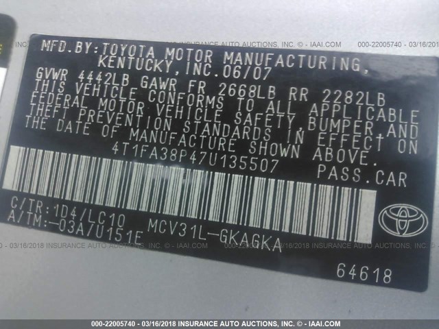 4T1FA38P47U135507 - 2007 TOYOTA CAMRY SOLARA SE/SLE Gümüş foto 9