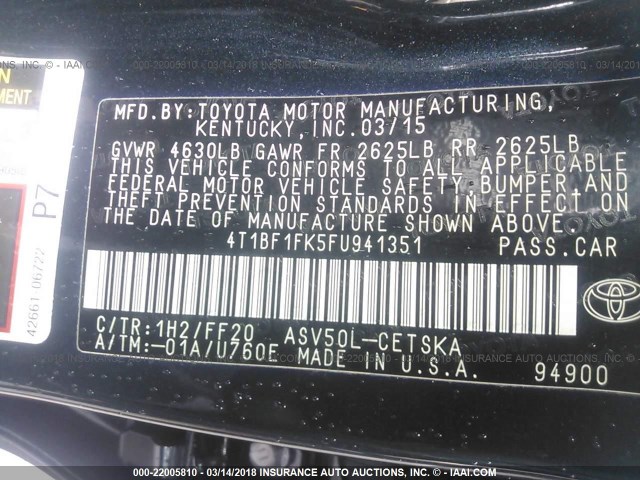 4T1BF1FK5FU941351 - 2015 TOYOTA CAMRY LE/XLE/SE/XSE BLACK photo 9