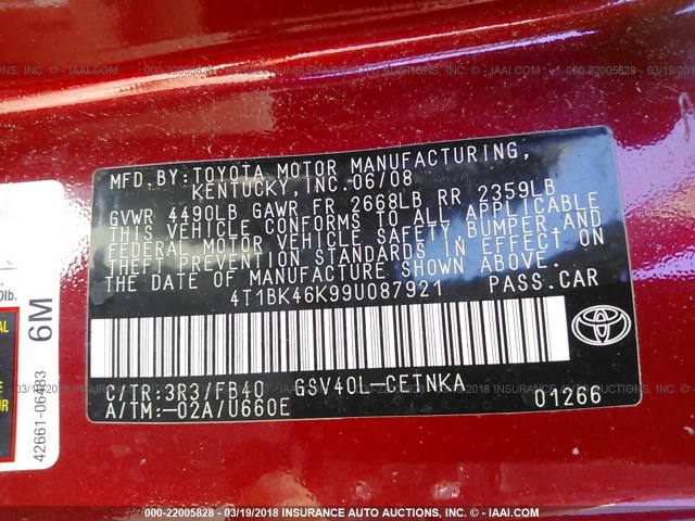 4T1BK46K99U087921 - 2009 TOYOTA CAMRY SE/LE/XLE RED photo 9