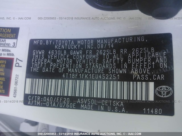 4T1BF1FK1EU452251 - 2014 TOYOTA CAMRY L/SE/LE/XLE თეთრი ფოტო 9