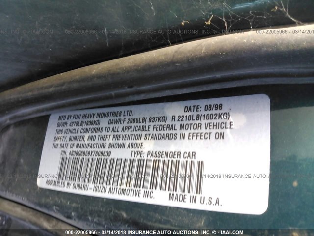 4S3BG6859X7608639 - 1999 SUBARU LEGACY OUTBACK/SSV/LIMITED/30TH GREEN photo 9