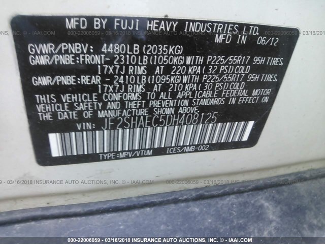 JF2SHAEC5DH408125 - 2013 SUBARU FORESTER LIMITED WHITE photo 9