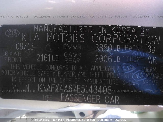 KNAFX4A67E5143406 - 2014 KIA FORTE LX SILVER photo 9