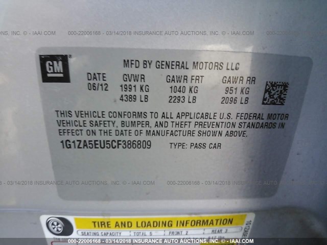 1G1ZA5EU5CF386809 - 2012 CHEVROLET MALIBU LS ვერცხლისფერი ფოტო 9