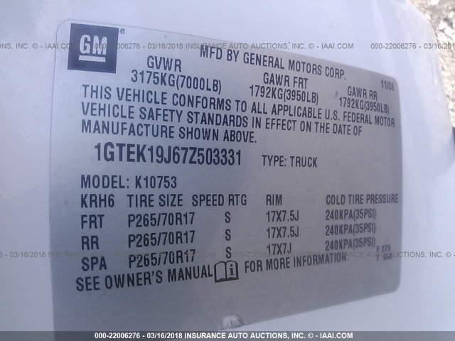 1GTEK19J67Z503331 - 2007 GMC NEW SIERRA K1500 WHITE photo 9